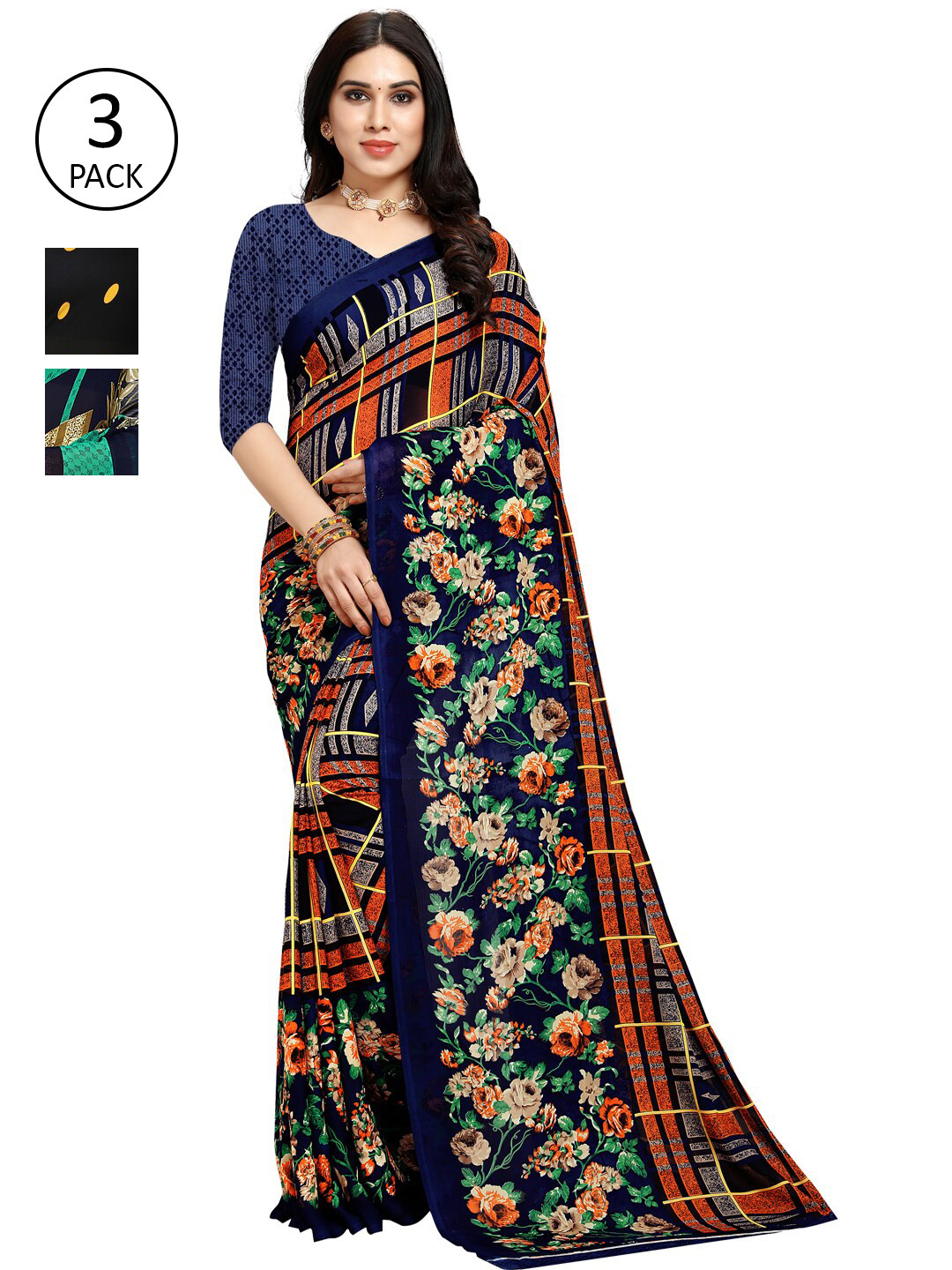 

KALINI Navy Blue & Green Floral Saree