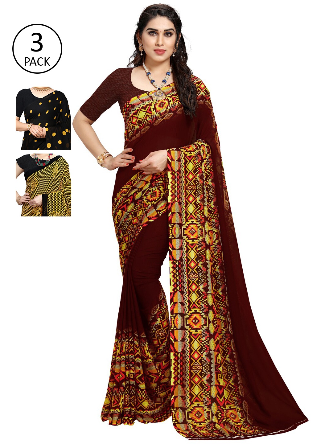 

KALINI Yellow & Maroon Pack of 3 Printed Saree
