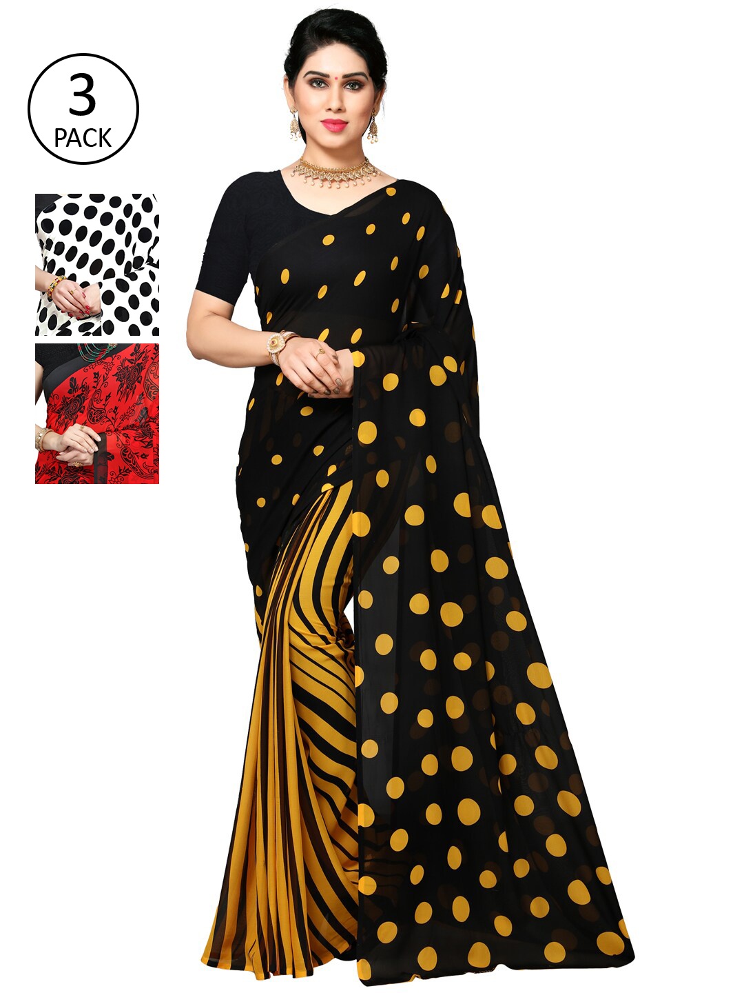 

KALINI Pack Of 3 Printed Sarees, Black