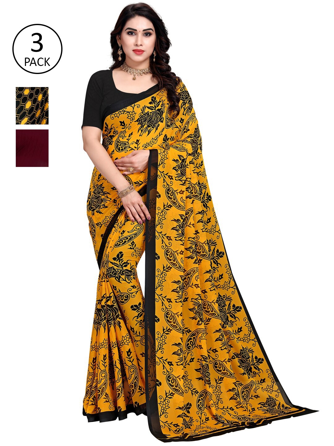 

KALINI Pack of 3 Poly Georgette Sarees, Yellow