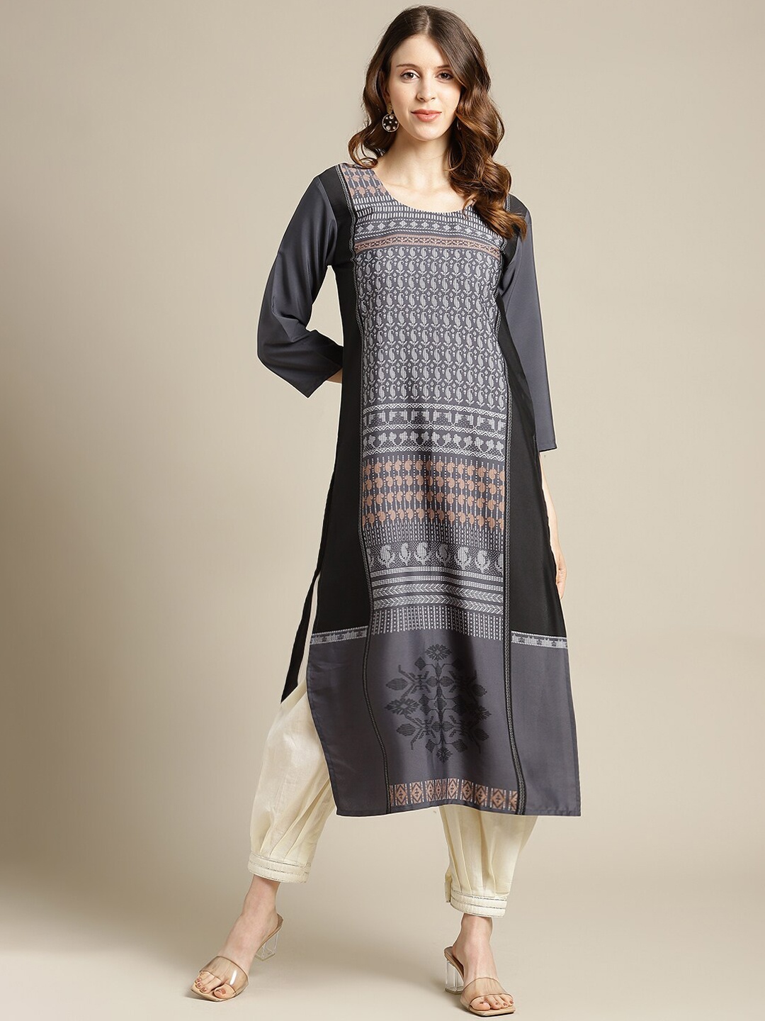 

KSUT Women Black Striped Flared Sleeves Gotta Patti Crepe Kurta