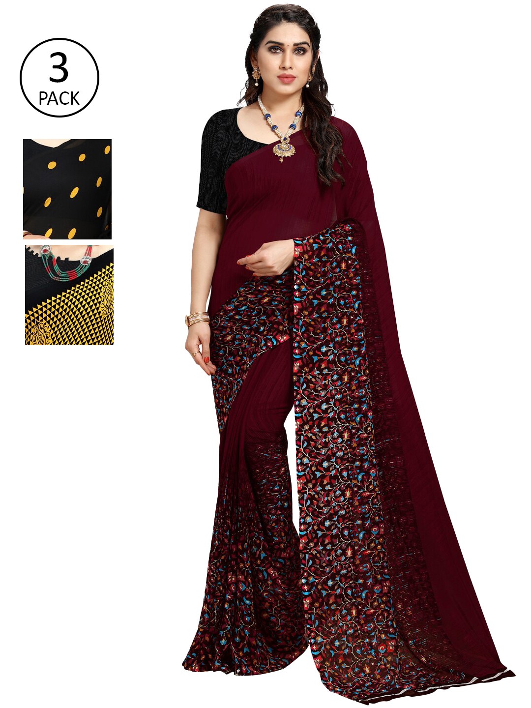 

ANAND SAREES Pack of 3 Printed Poly Georgette Saree, Multi