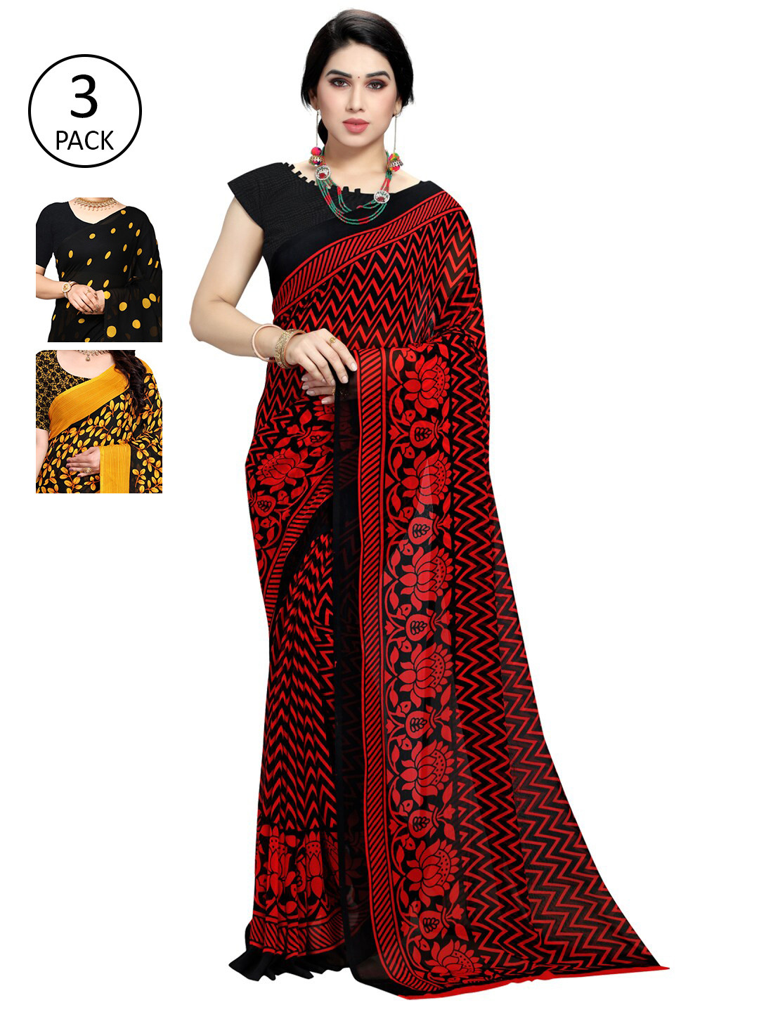 

KALINI Red & Yellow Pack of 3 Printed Saree