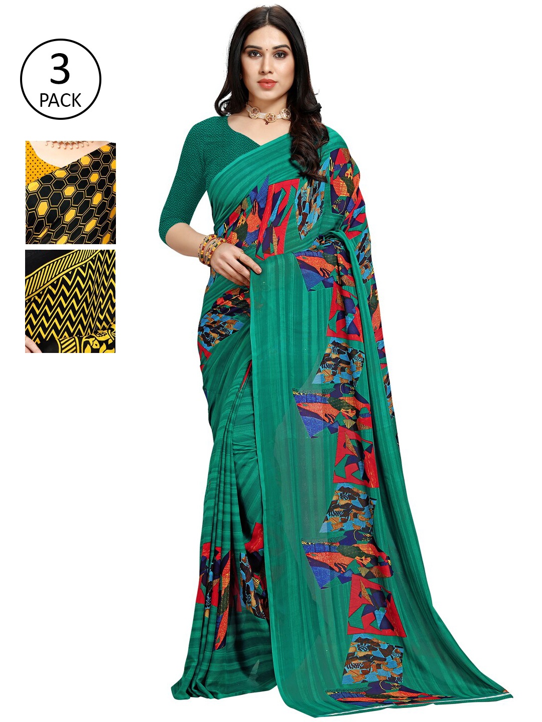 

KALINI Pack of 3 Poly Georgette Sarees, Yellow