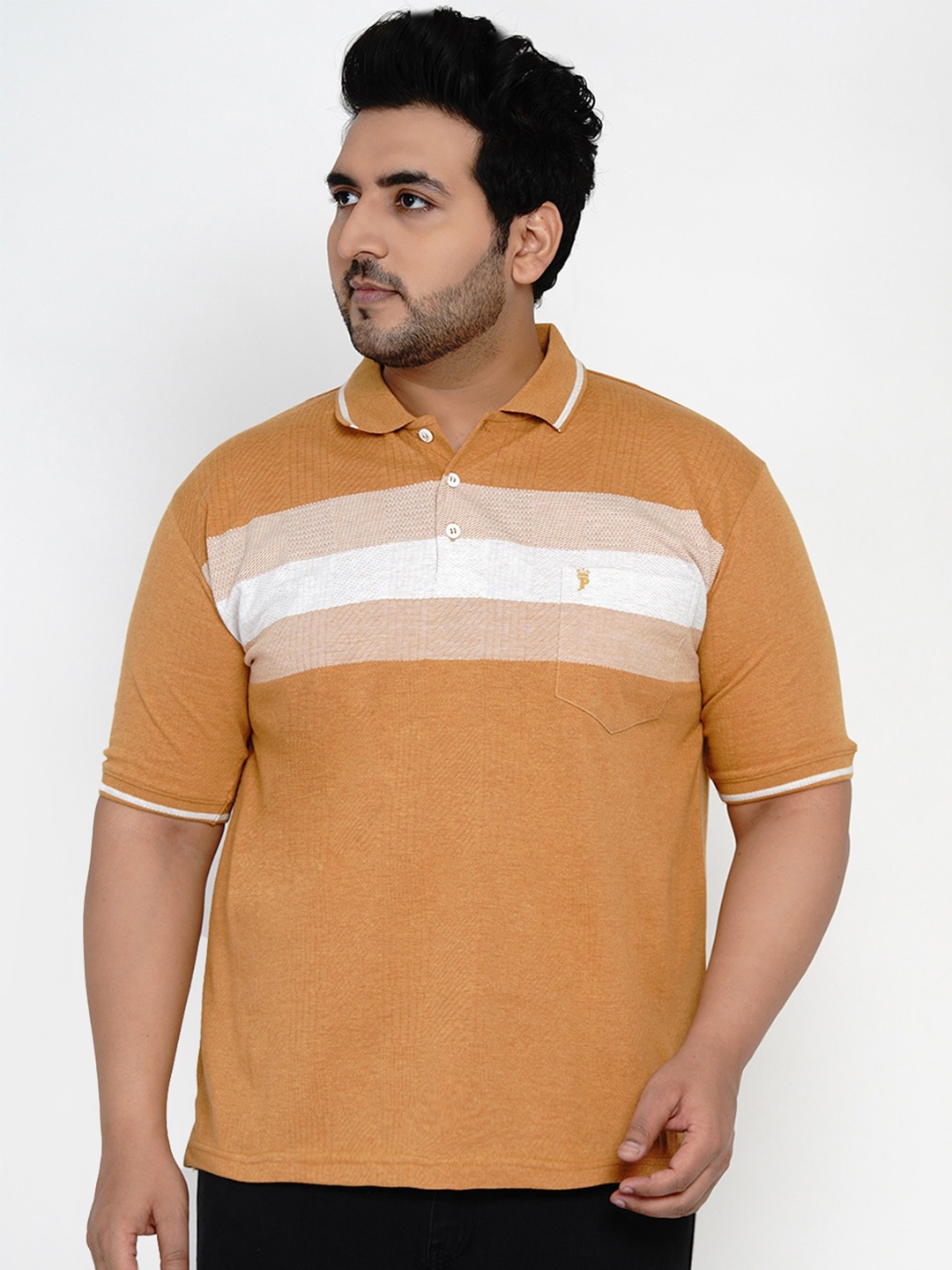 

John Pride Men Mustard Yellow Striped Polo Collar T-shirt