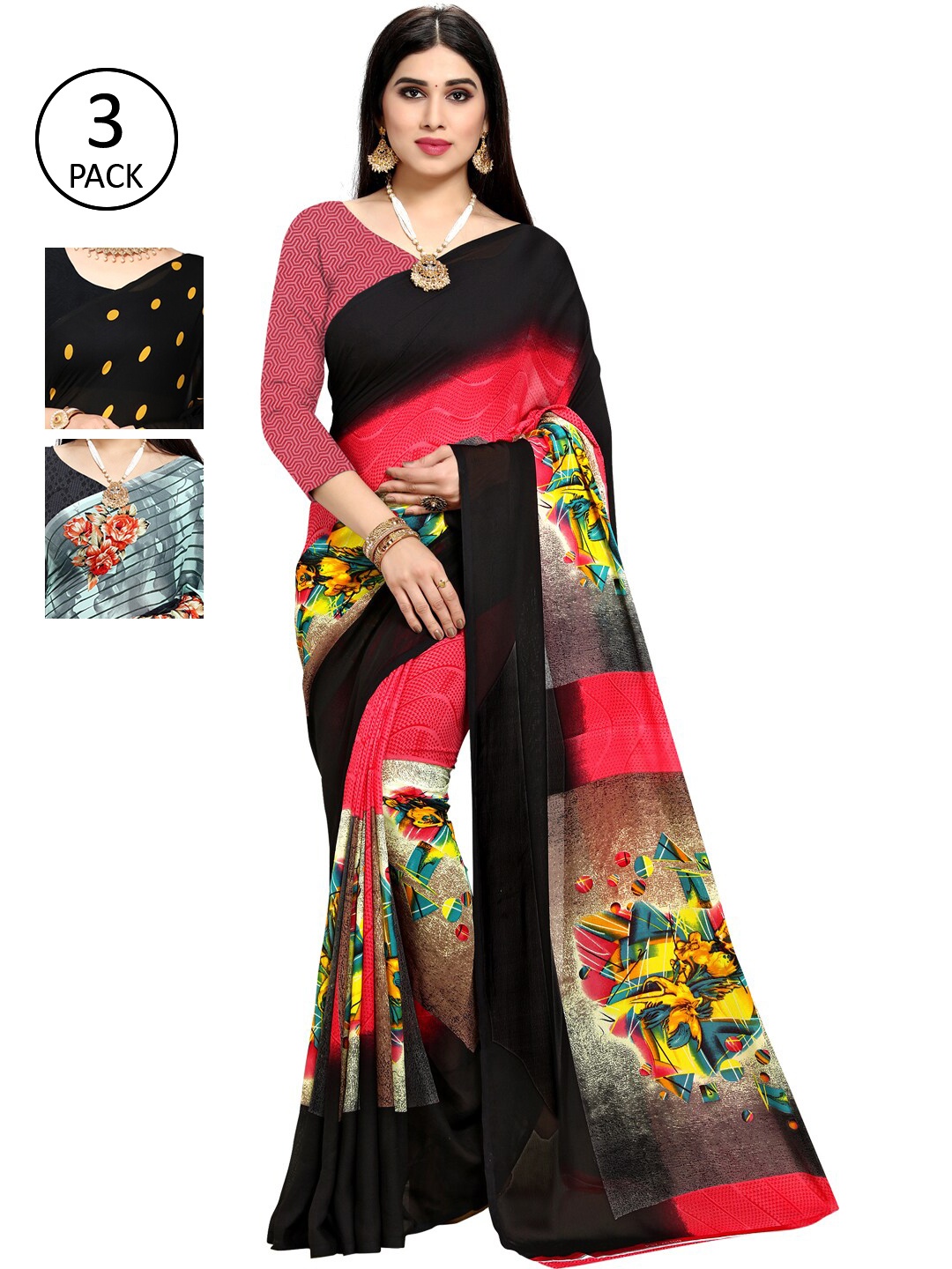 ANAND SAREES Pack of 3 Poly Georgette Sarees, Black