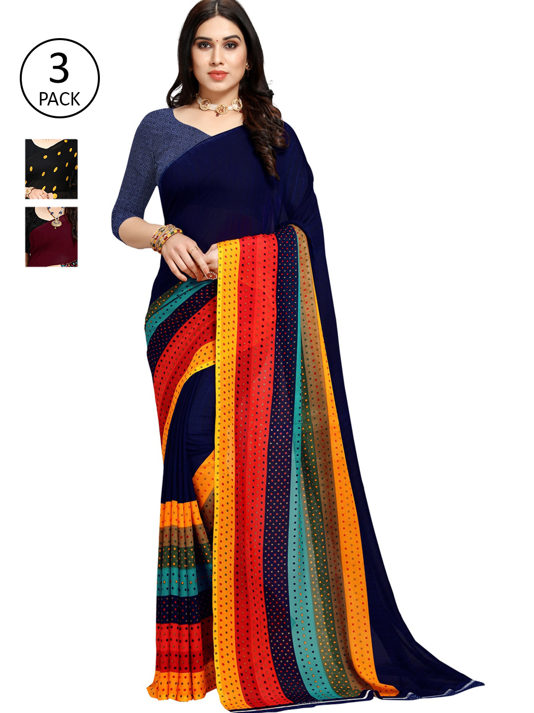 

KALINI Pack Of 3 Yellow & Burgundy Saree