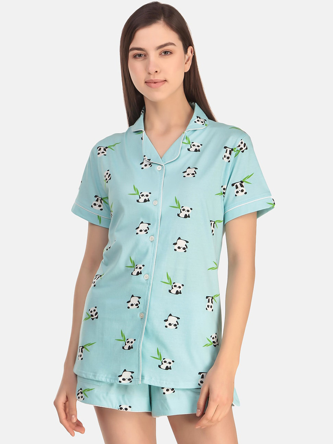 

Masha Women Blue & White Printed Cotton Night Suit