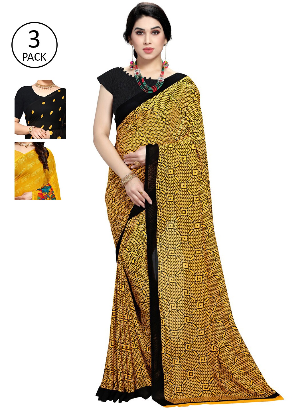 

KALINI Pack of 3 Printed Poly Georgette Saree, Multi