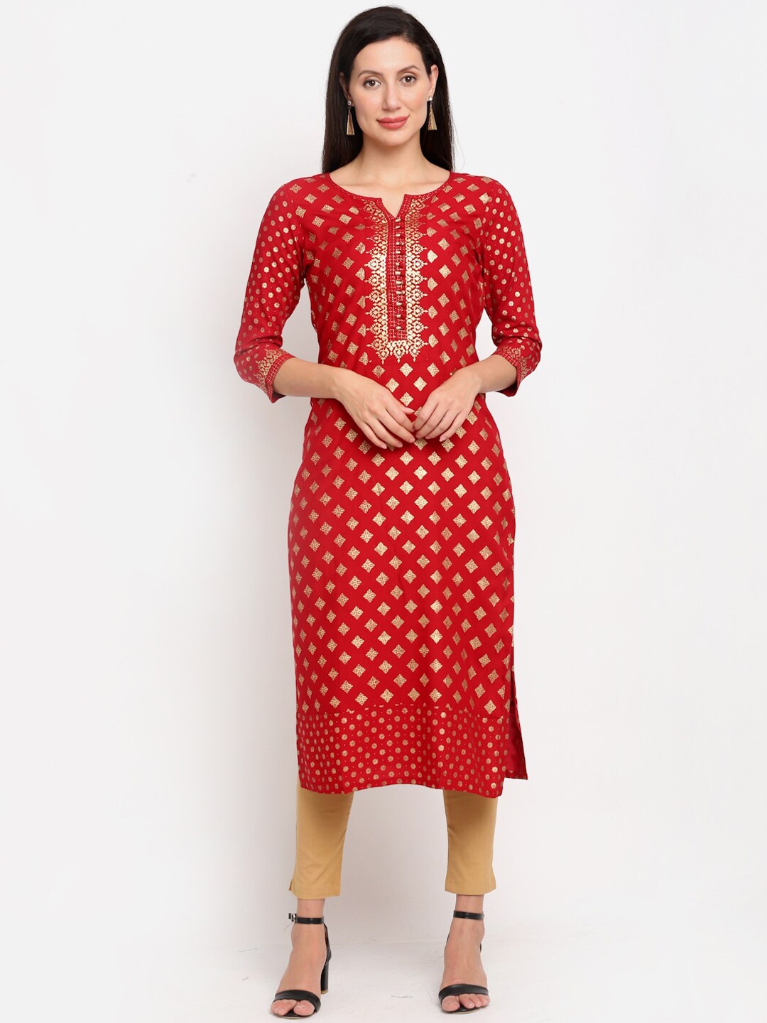 

Lovely Lady Women Red & Gold Coloured Ethnic Motifs Printed Kurta
