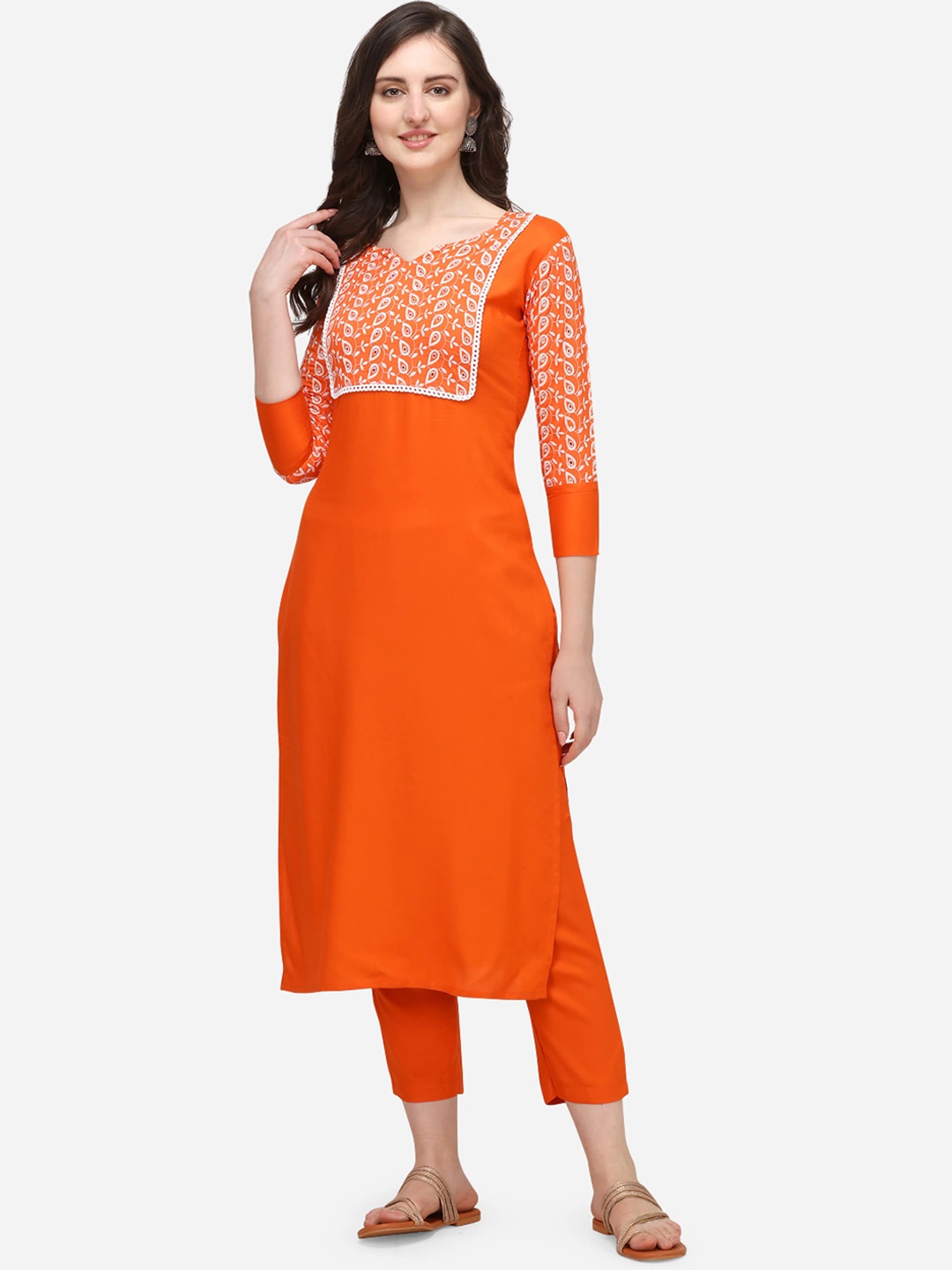 

VAABA Women Orange Yoke Embroidered Kurta With Trousers
