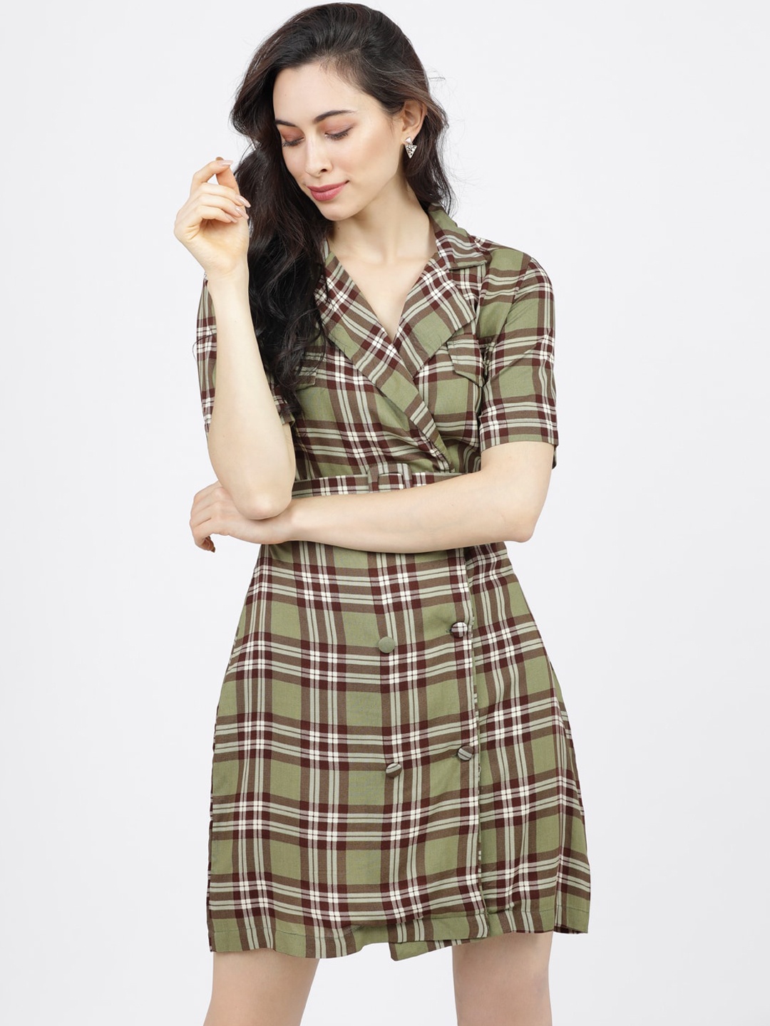 

Tokyo Talkies Women Olive Green & White Checked A-Line Wrap Dress