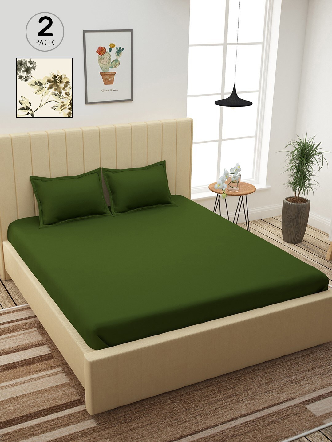 

Story@home Green & Cream-Coloured Floral 210 TC 2 King Bedsheet with 4 Pillow Covers