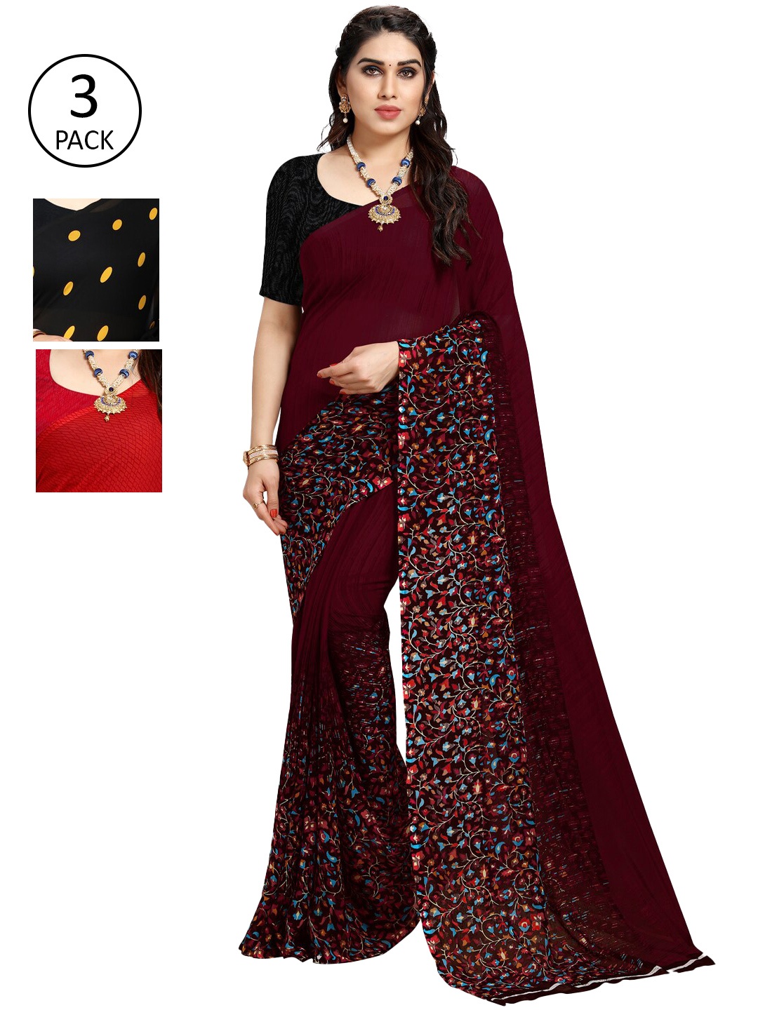 

ANAND SAREES Multicoloured Set of 3 Poly Georgette Saree, Multi