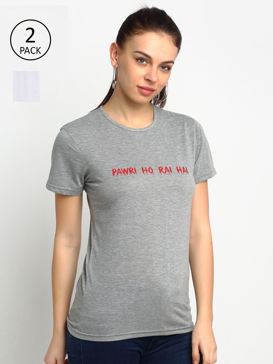 

MACK JONNEY Women Grey & White 2 Printed T-shirt