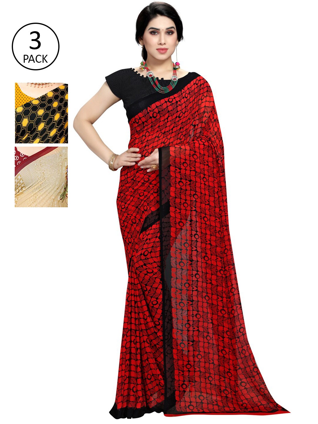 

KALINI Pack of 3 Poly Georgette Printed Sarees, Red