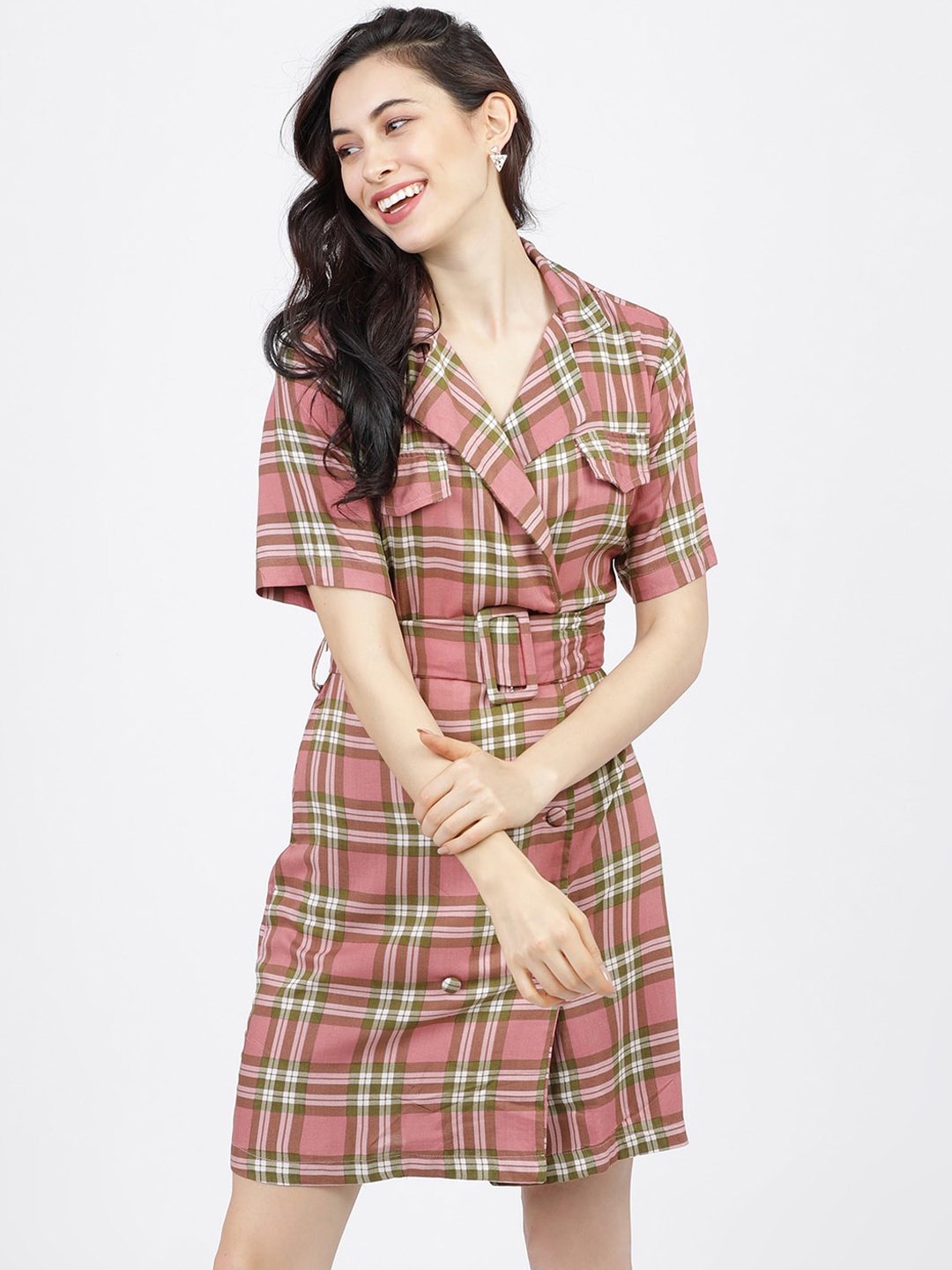 

Tokyo Talkies Women Pink and Beige Checked Dress