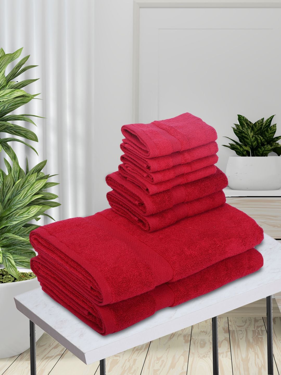 

BIANCA Set Of 8 Red Solid 500 GSM Pure Cotton Towel Set