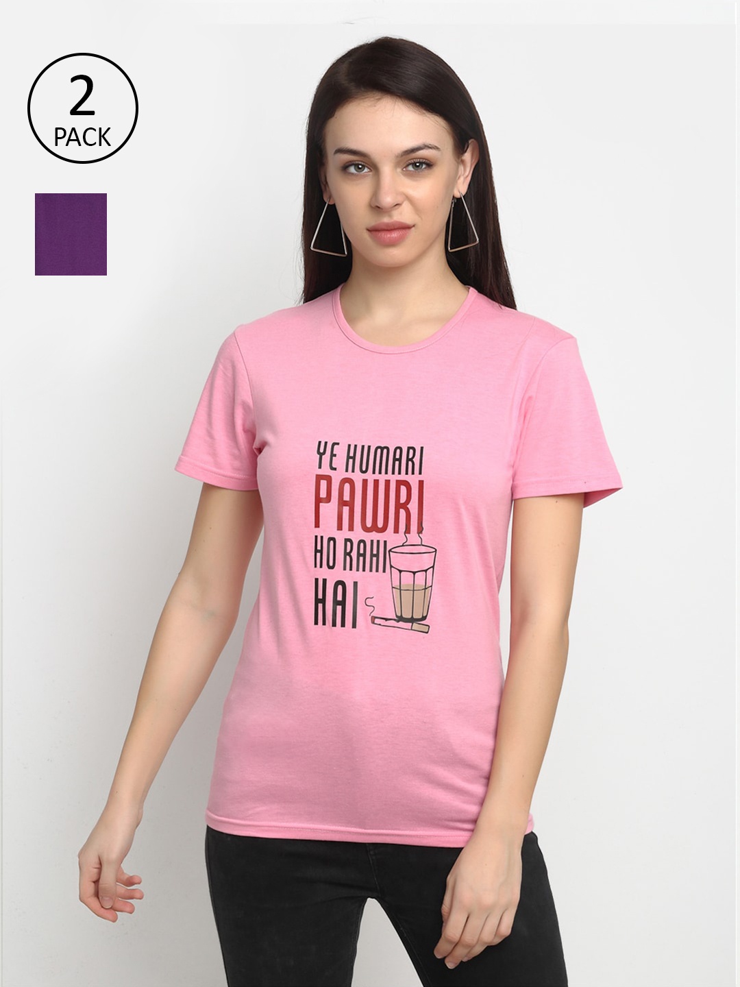 

VIMAL JONNEY Women Pink & Purple Set of 2 Typography Printed T-shirt