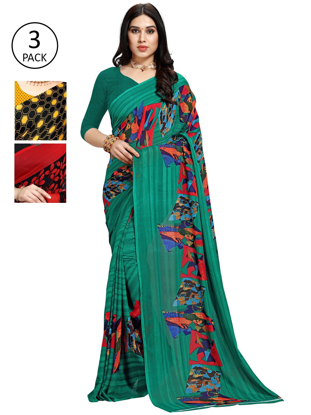 

KALINI Pack of 3 Poly Georgette Printed Sarees, Yellow