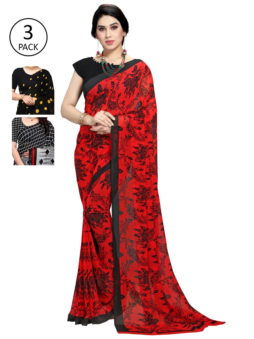 

KALINI Black & Yellow Pack of 3 Printed Saree