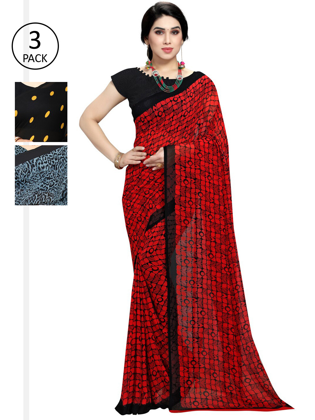 

KALINI Pack Of 3 Printed Sarees, Red