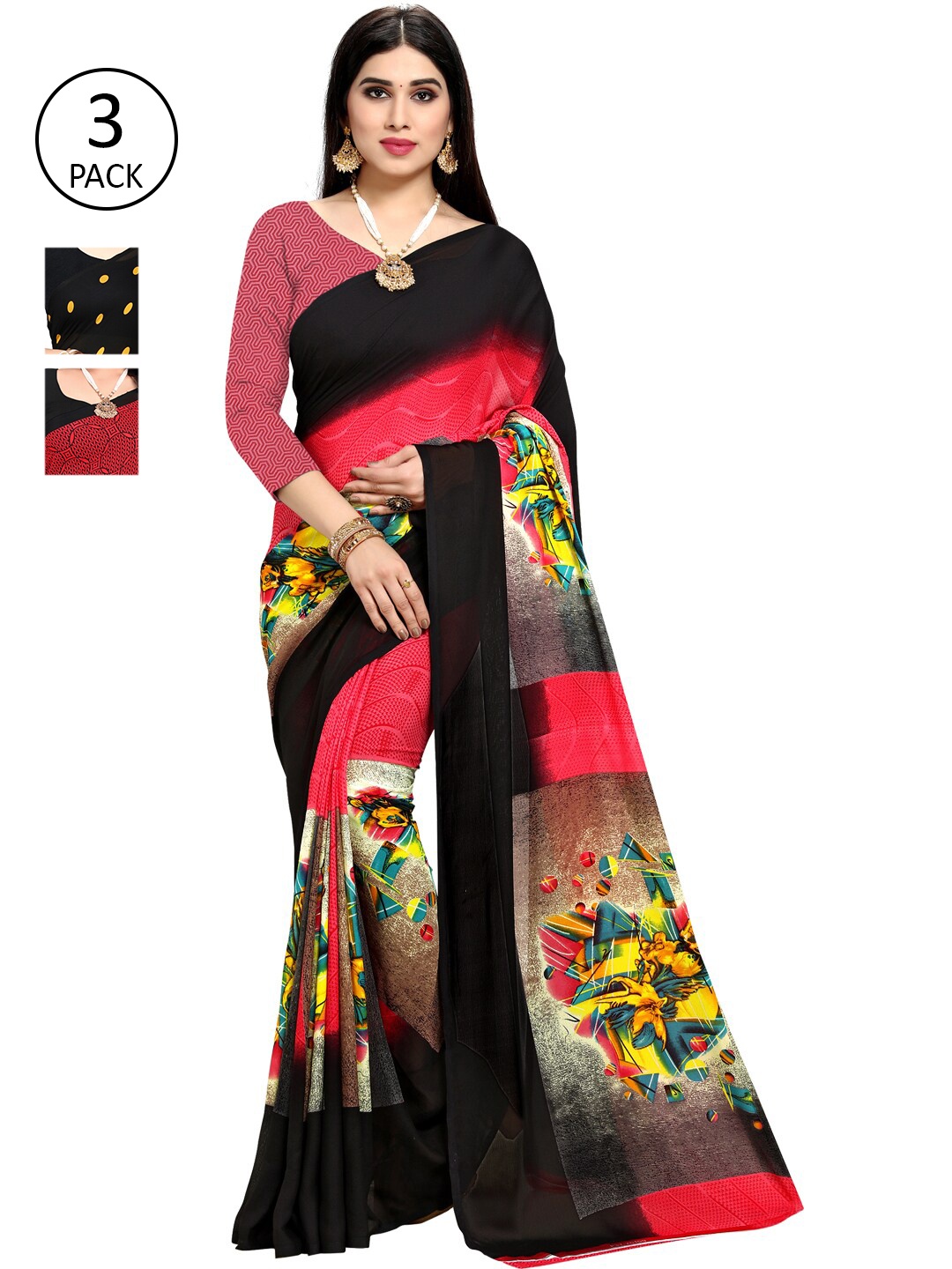 

KALINI Pack of 3 Poly Georgette Sarees, Pink