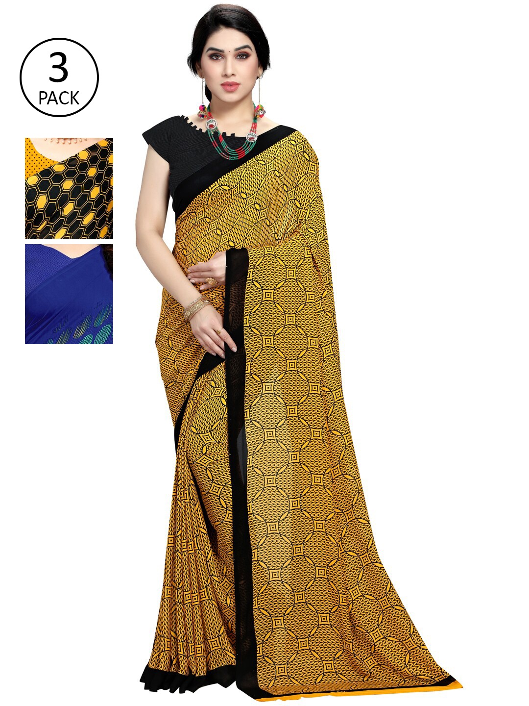 

KALINI Pack Of 3 Blue & Yellow Batik Poly Georgette Saree