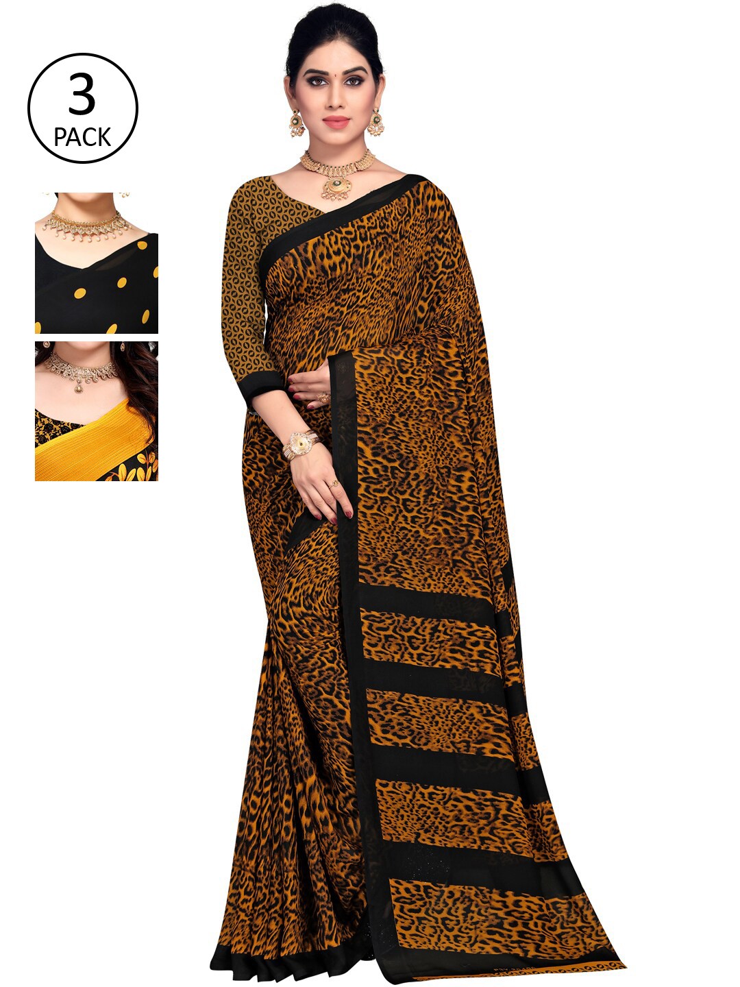 

KALINI Women Pack of 3 Printed Sarees, Yellow