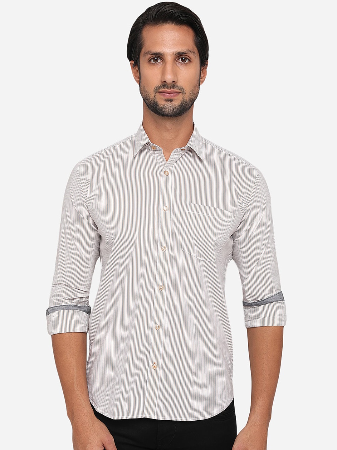 

Greenfibre Men White & Brown Pure Cotton Slim Fit Multi Striped Casual Shirt