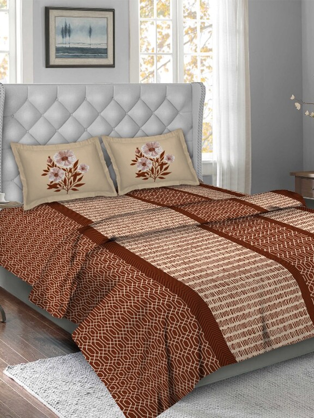 

BELLA CASA Brown & Beige Floral Printed Cotton Double King Bedding Set