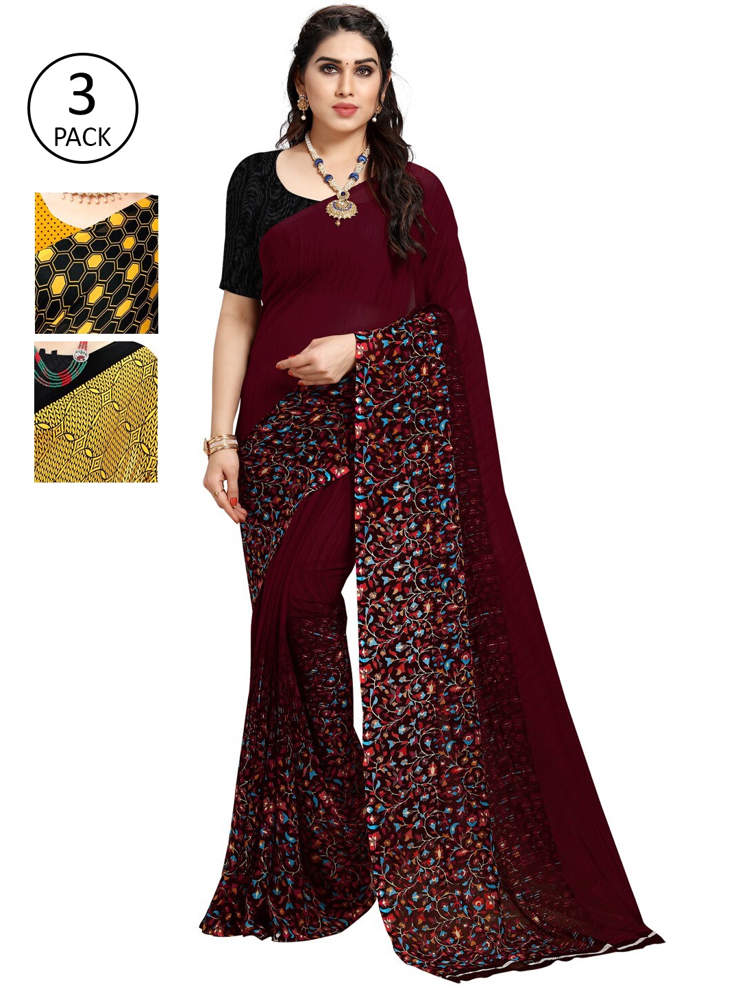 

KALINI Pack of 3 Printed Poly Georgette Sarees, Multi
