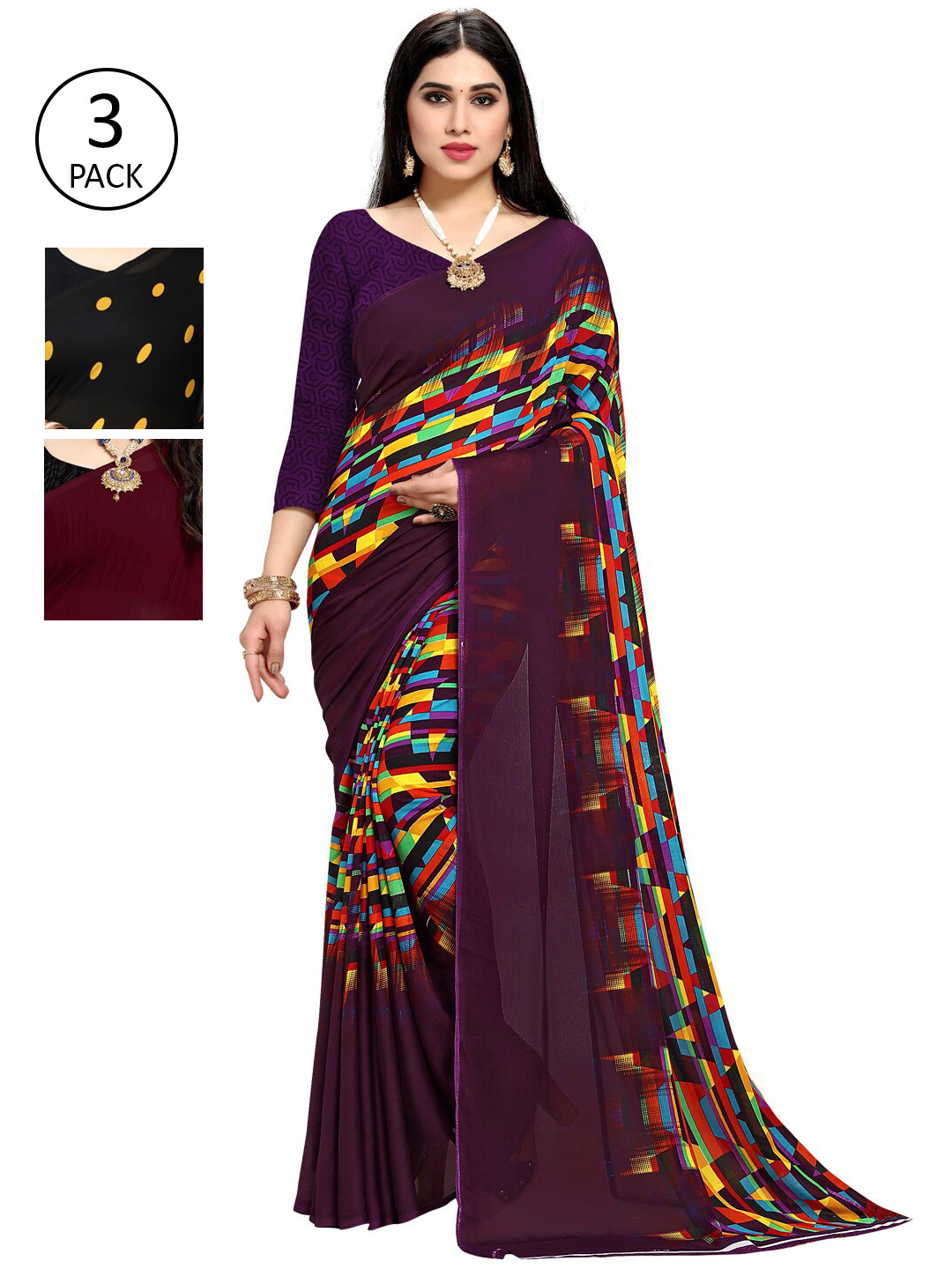 

KALINI Pack Of 3 Printed Sarees, Black