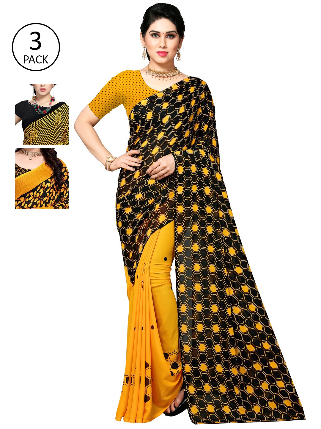 

KALINI Pack of 3 Poly Georgette Saree, Yellow