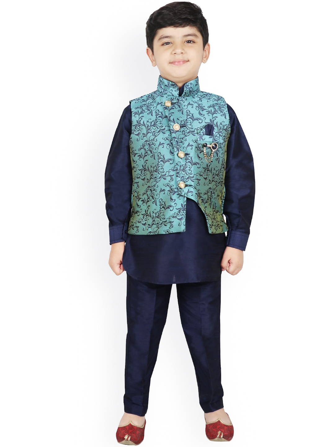 

SG YUVRAJ Boys Turquoise Blue Raw Silk Kurta Pyjama with Waistcoat