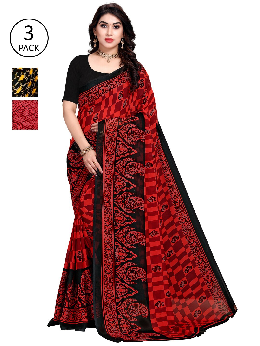 

KALINI Pack of 3 Poly Georgette Sarees, Mustard