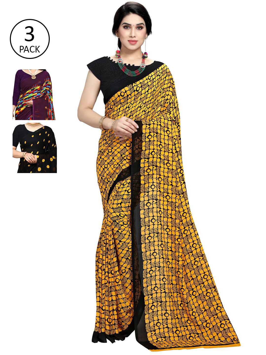 

KALINI Pack of 3 Poly Georgette Saree, Yellow