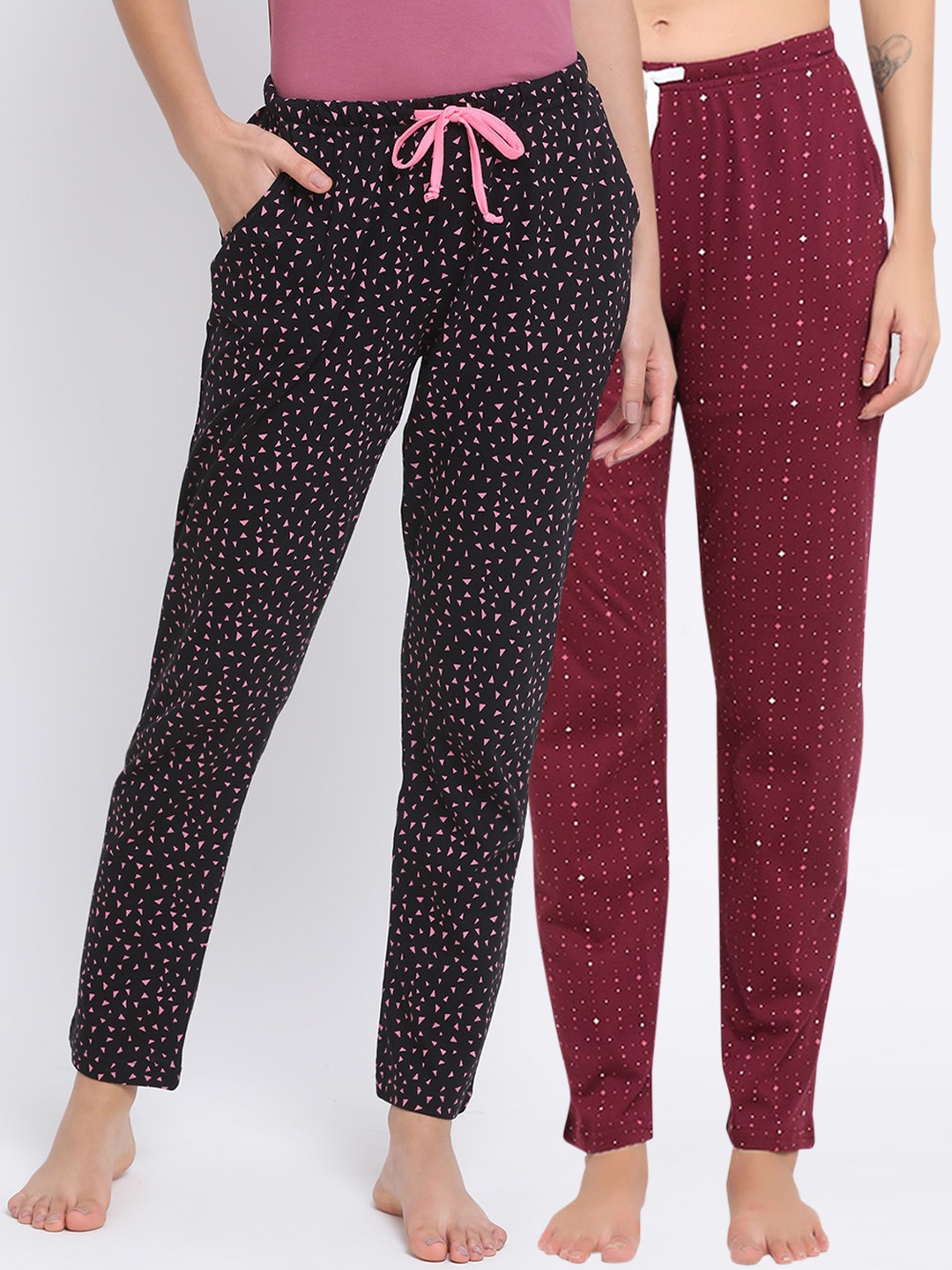 

Kanvin Women Pack Of 2 Printed Pure Cotton Lounge Pants, Maroon