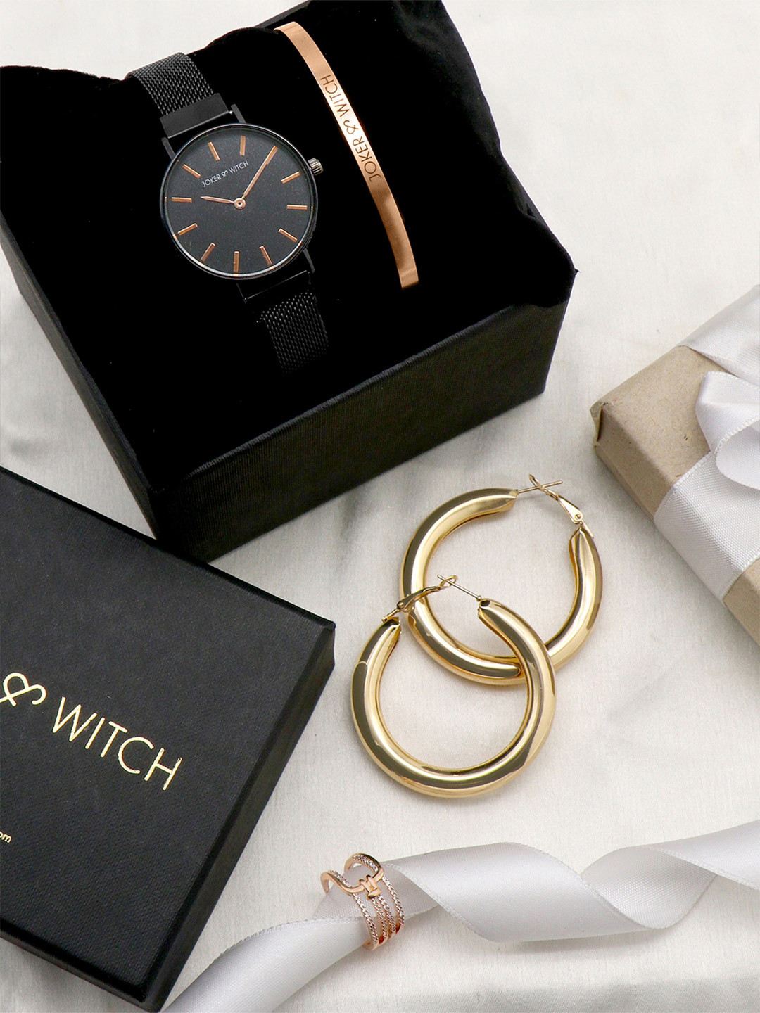 

JOKER & WITCH Women Black & Rose Gold-Toned A Kiss Love Stack Watch Gift Set JWLS110