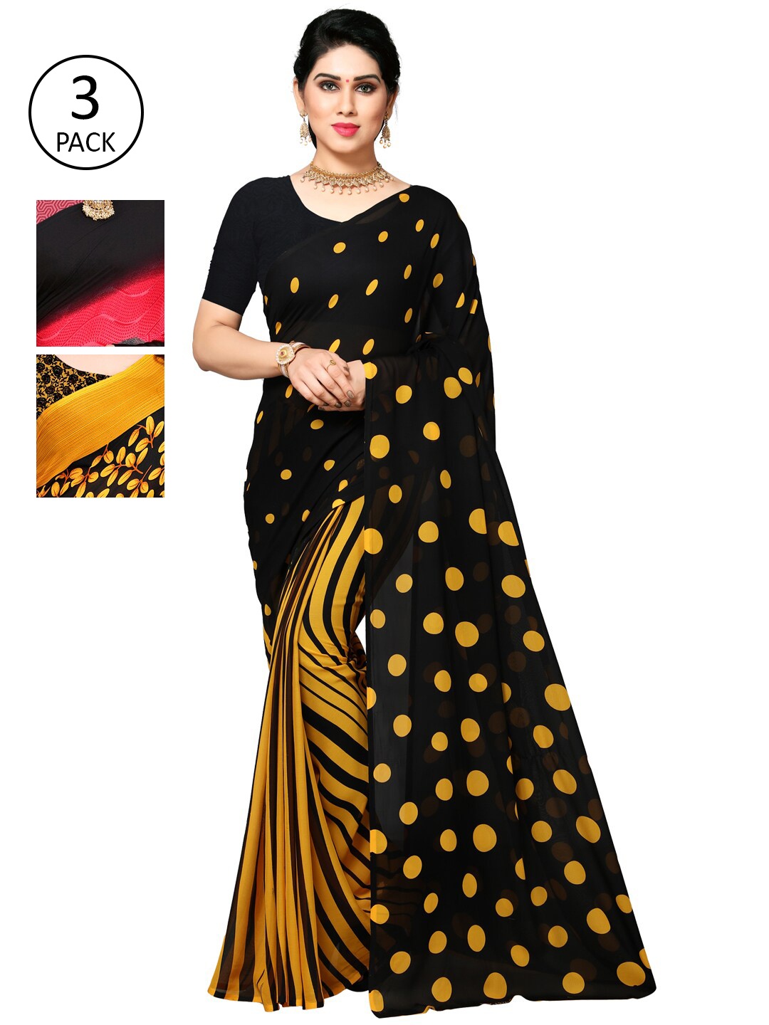 

KALINI Pack of 3 Poly Georgette Sarees, Yellow