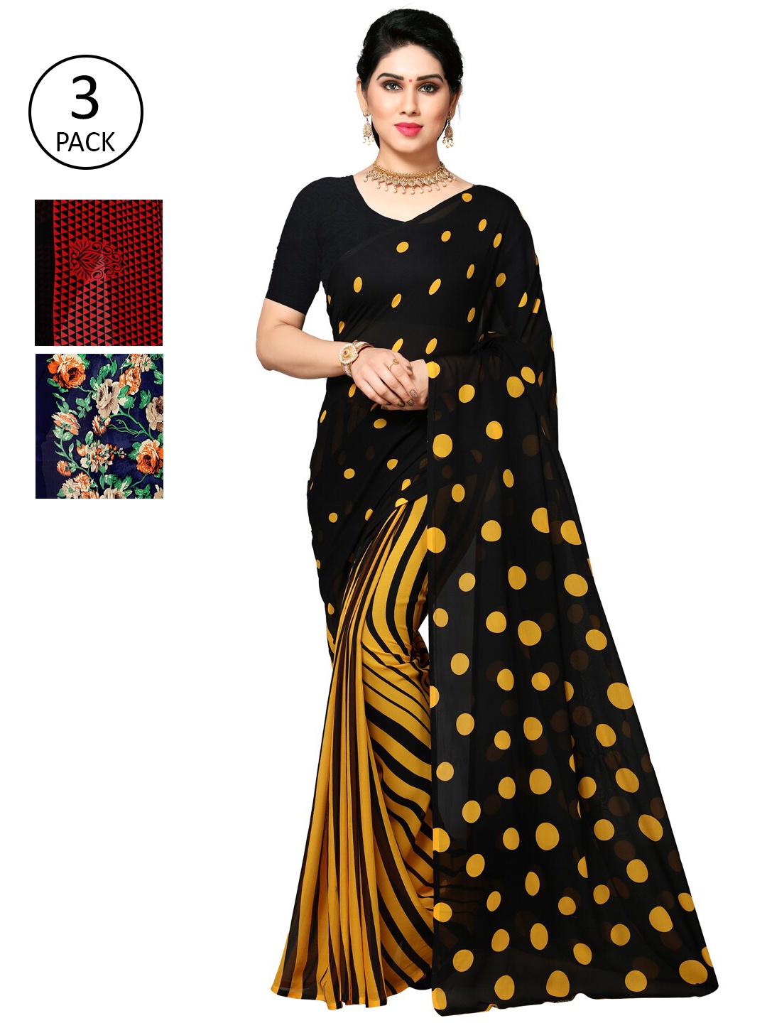 

KALINI Pack of 3 Printed Poly Georgette Saree, Multi