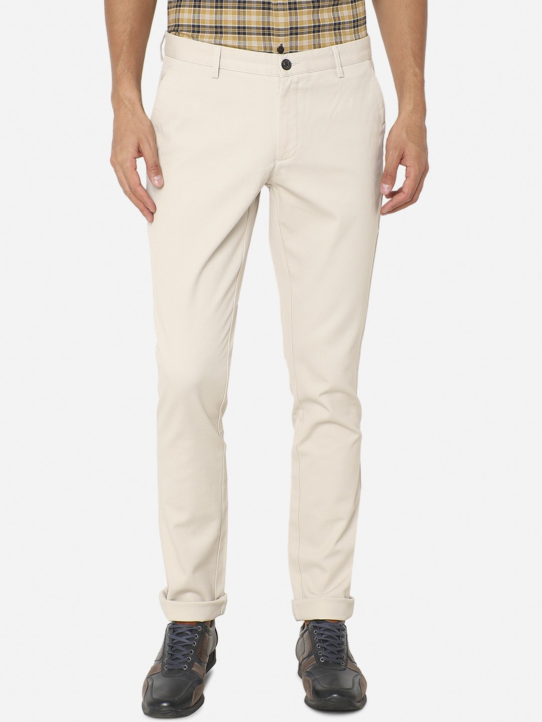 

JADE BLUE Men Beige Pure Cotton Slim Fit Regular Trousers