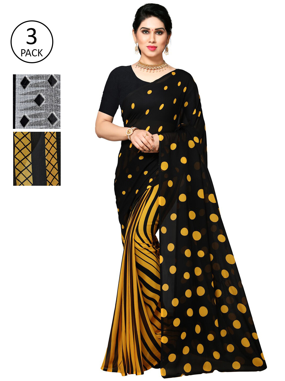 

KALINI Pack of 3 Poly Georgette Printed Sarees, Mustard