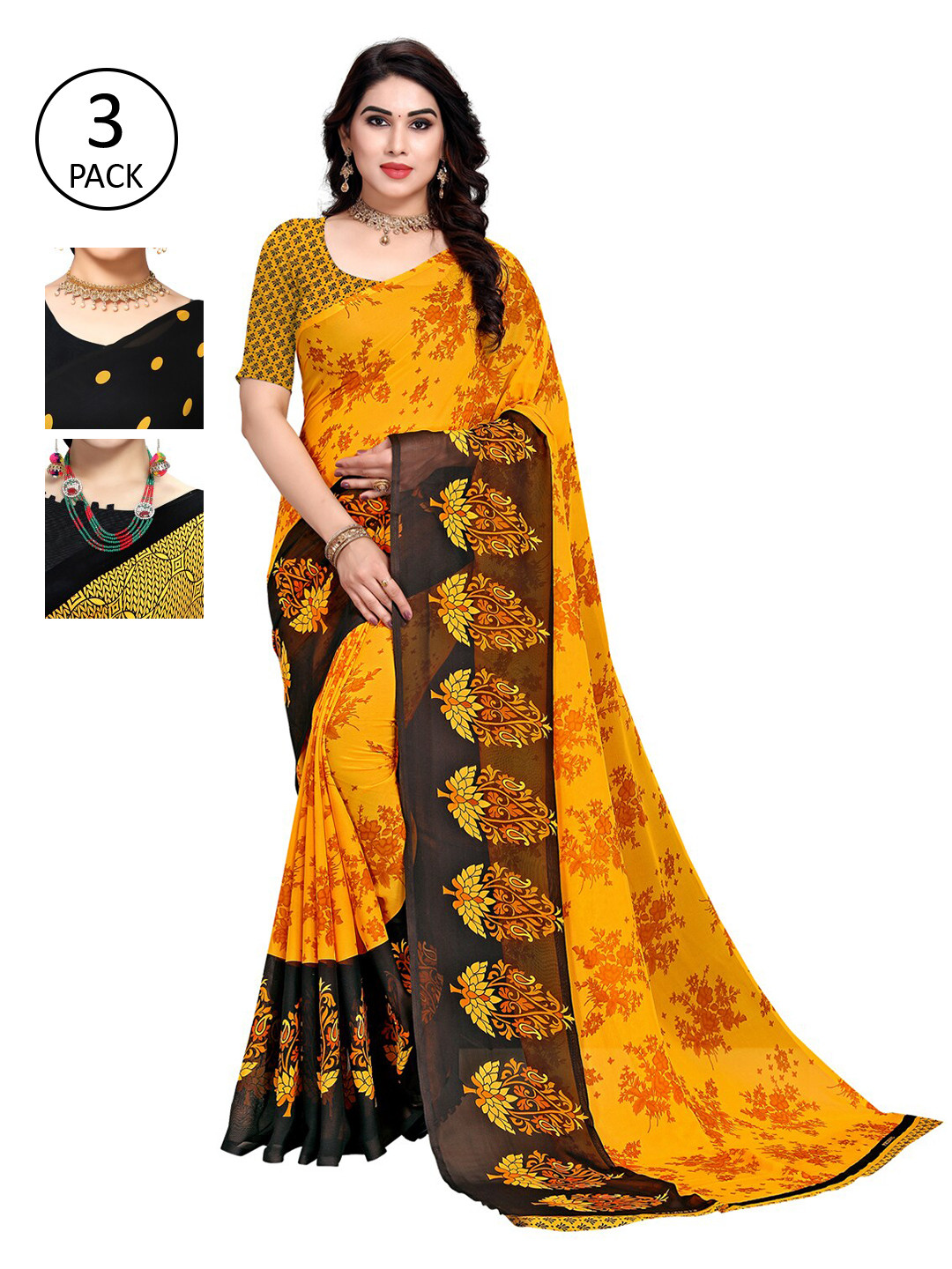 

KALINI Pack of 3 Printed Poly Georgette Saree, Multi
