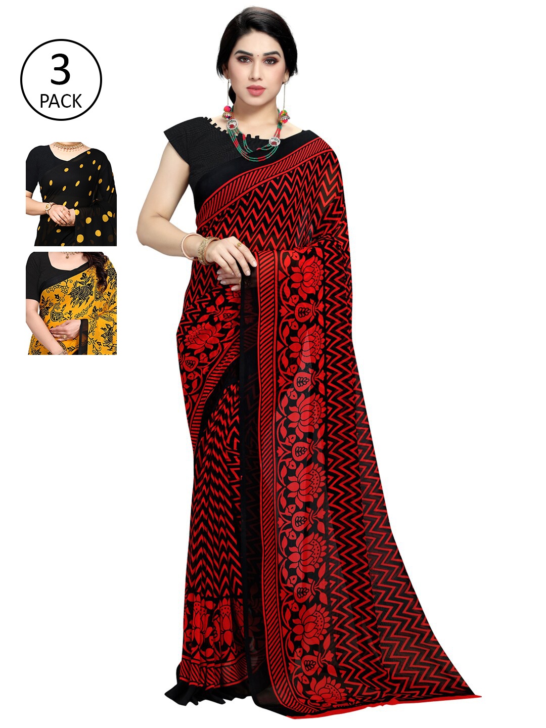 

KALINI Yellow & Red Pack of 3 Printed Saree