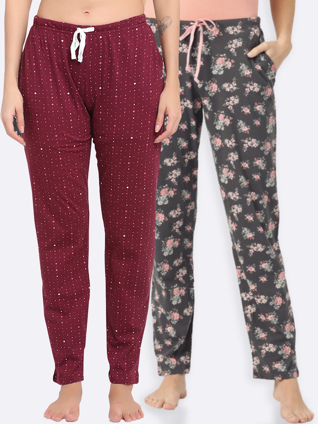 

Kanvin Women Pack of 2 Printed Pure Cotton Lounge Pants, Maroon