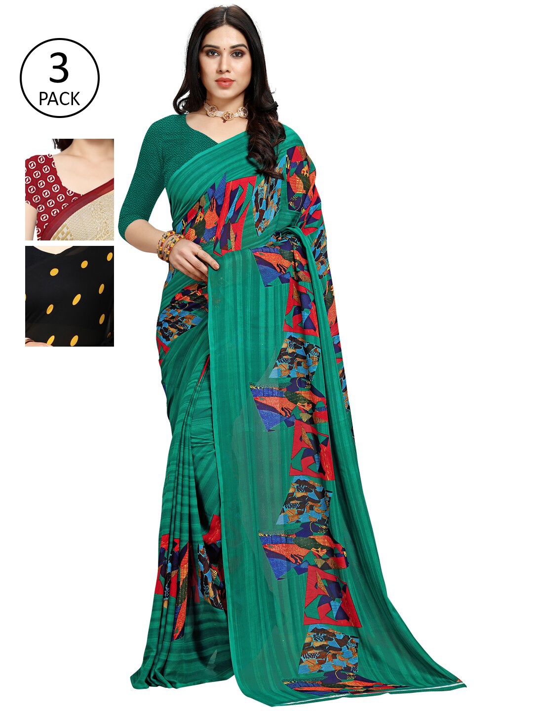 

KALINI Pack Of 3 Printed Sarees, Black