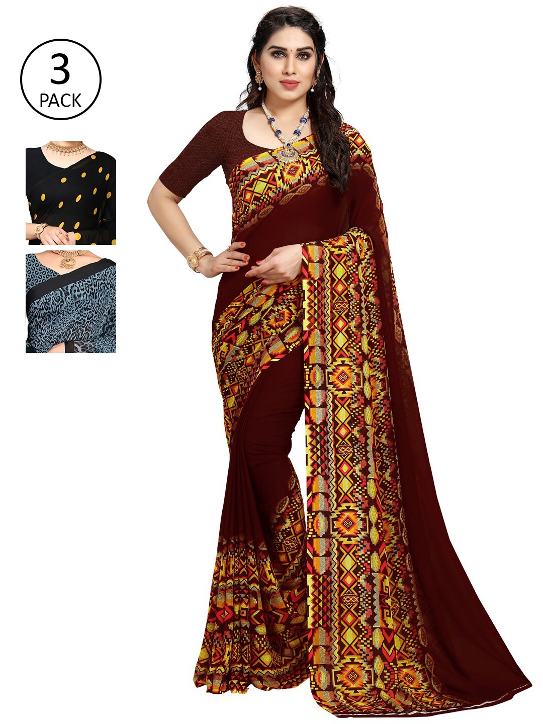 

KALINI Pack of 3 Poly Georgette Printed Sarees, Blue