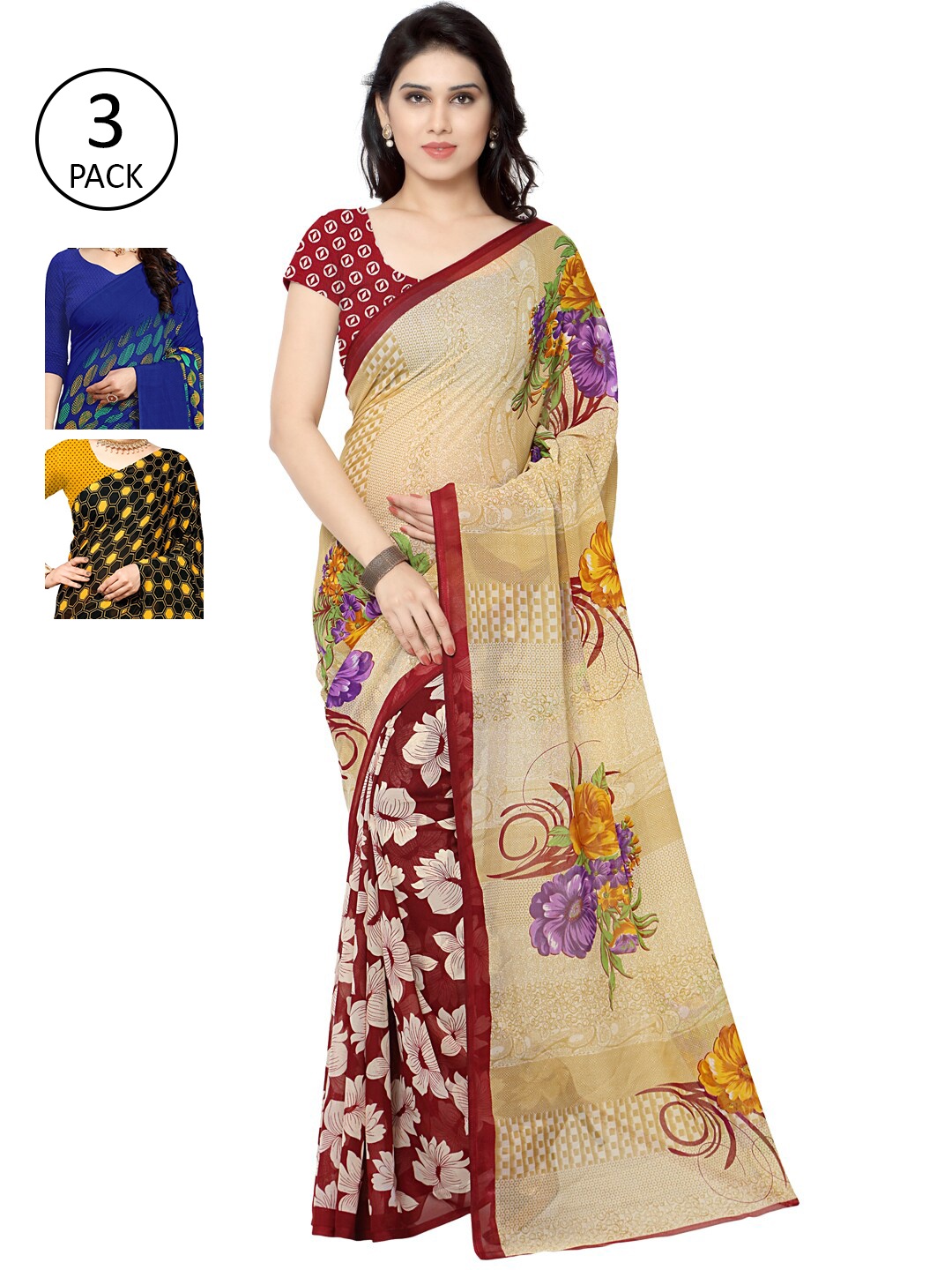 

KALINI Pack Of 3 Beige & Blue Floral Poly Georgette Saree