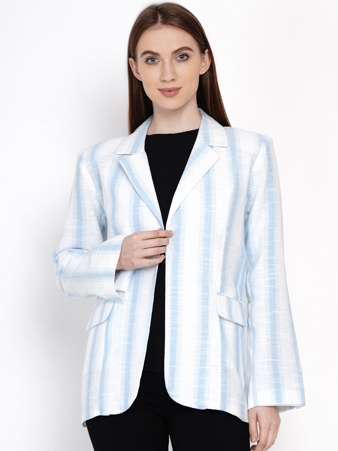 

IX IMPRESSION Women Blue & White Striped Open-Front Formal Blazer